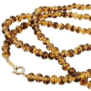 VTG Signed Vogue 50s 60s Striped Warm Amber Glass Bead Necklace 30" Matinee MCM